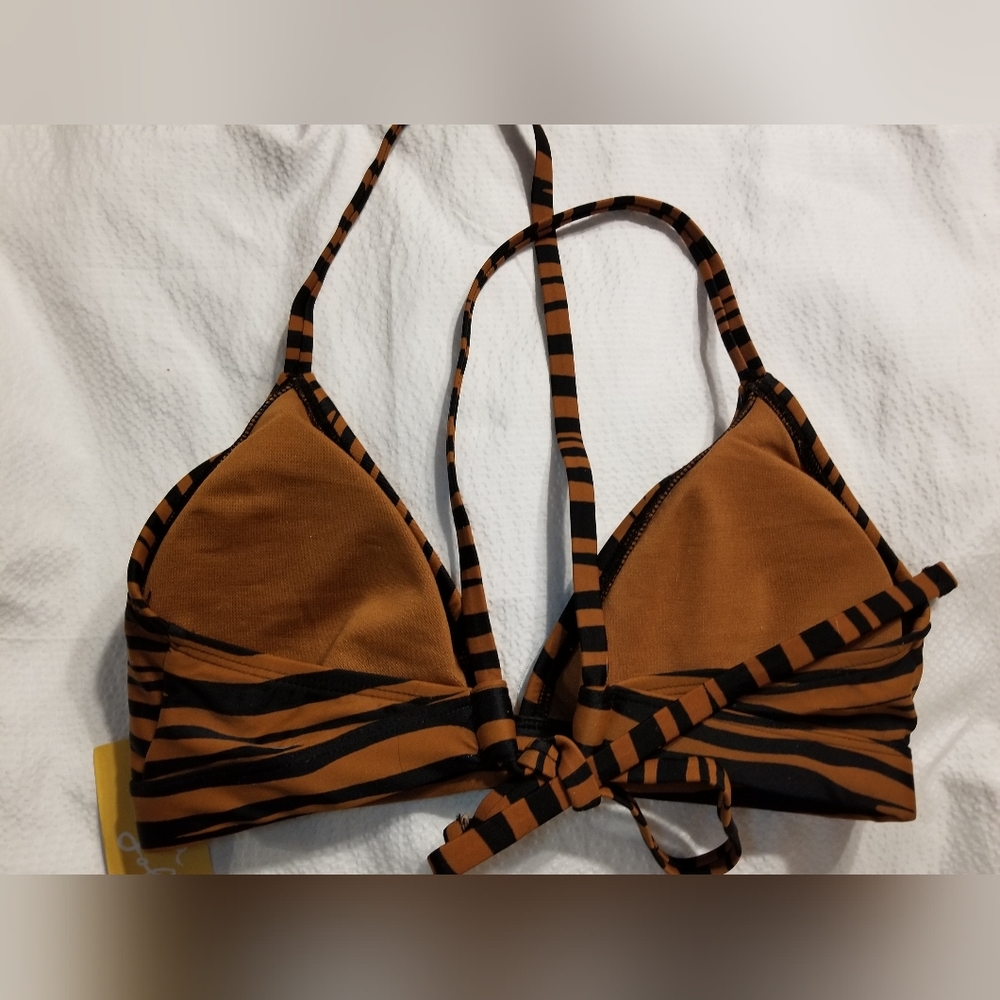 NWT ANIMAL PRINT BRA SWIM TOP CROSS BACK TIE REMOVABLE PADS - Picture 2 of 5